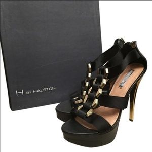 H by Halston black and gold sandal platform heels.